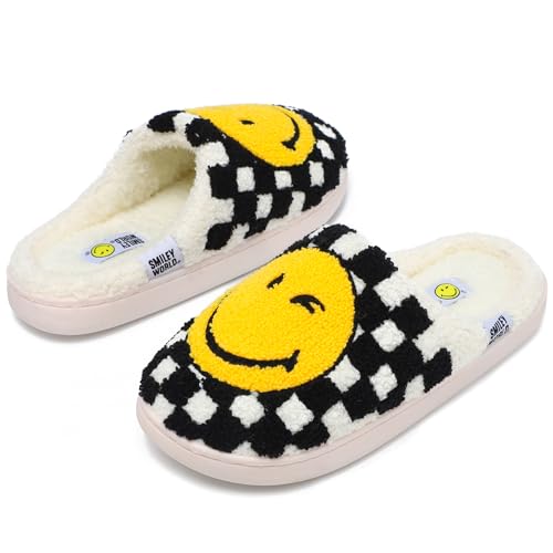 ZHPTO SmileyWorld Hausschuhe Damen Herren mit Memory Foam Anti Rutsch Winter Weicher Plüsch Bequem Warm Slippers für Innen Außen Schwarz Weiß von ZHPTO