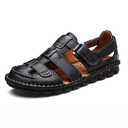 Herren Sommer Casual Geschlossene Zehe Leder Sandalen Outdoor Fischer Verstellbare Strandschuhe Größe 45 (Schwarz, Numeric_10_point_5) von ZHShiny