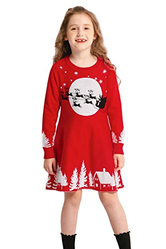 ZHUANNIAN Warmes, geripptes Strickkleid für Mädchen mit Rentier- und Schneeflockenmotiv, Weihnachtsmann-Geschenk Gr. 8-9 Jahre, Rot 2 von ZHUANNIAN