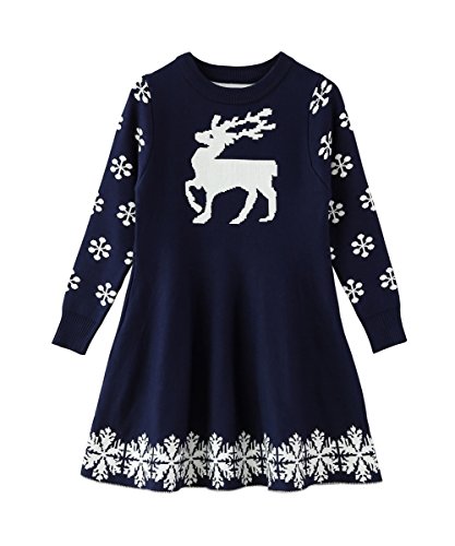 ZHUANNIAN Warmes, geripptes Strickkleid für Mädchen mit Rentier- und Schneeflockenmotiv, Weihnachtsmann-Geschenk Gr. 8-9 Jahre, marineblau von ZHUANNIAN
