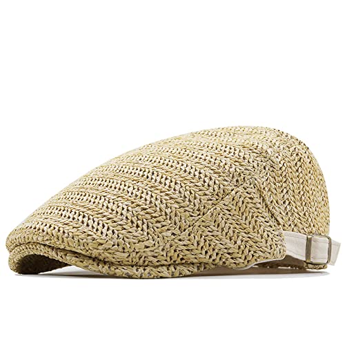 ZHUBAOQIN Barett Baskenmützen Hut Einfacher Atmungsaktiver Khaki Verstellbarer Farbton Damen Herren Mesh Stroh Baskenmütze Sonnenhut Newsboy Cap Schirmmütze 55-58Cm Beigegelb von ZHUBAOQIN