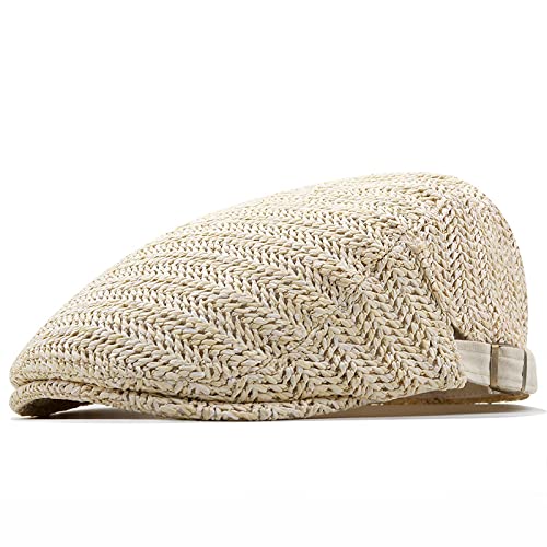 ZHUBAOQIN Barett Baskenmützen Hut Einfacher Atmungsaktiver Khaki Verstellbarer Schirm Damen Herren Mesh Stroh Baskenmütze Sonnenhut Newsboy Cap Schirmmütze 55-58Cm Beige von ZHUBAOQIN