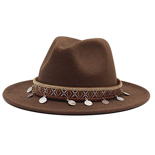 ZHUBAOQIN Fedora Trilby Filzhut Hut Fedora Hut Damen Herren Modisch Kirche Gentleman Derby Vintage Damen Wide Brim Panama Vintage Hüte Größe 56-58Cm Dunkelbraun von ZHUBAOQIN