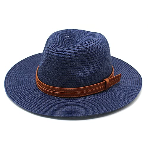 ZHUBAOQIN Fedora Trilby Filzhut Hut Panama Weich Geformter Strohhut Damen Herren Breite Krempe Strand Sonnenkappe Uv-Schutz Fedora Hut Größe 56-58 cm Marineblau von ZHUBAOQIN