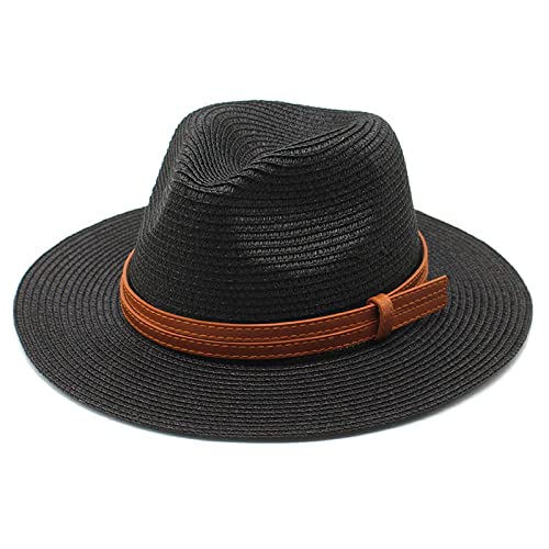 ZHUBAOQIN Fedora Trilby Filzhut Hut Panama Weich Geformter Strohhut Damen Herren Breite Krempe Strand Sonnenkappe Uv-Schutz Fedora Hut Größe 56-58Cm Schwarz von ZHUBAOQIN