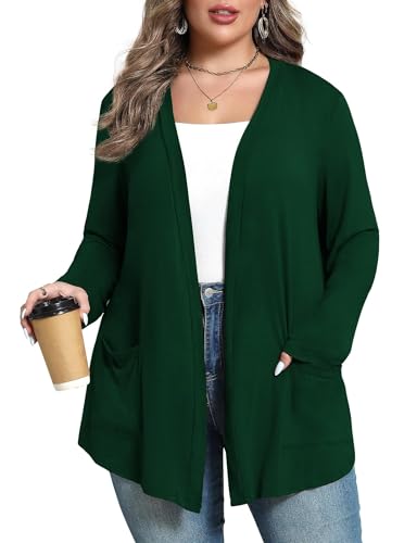 ZHUHOUSE Damen Lang Strickjacken Leichte Langarm mit Taschen Vorne Offen Oberbekleidung Weich Bequem Lässig Lose Strickjacke, Dunkelgrün, XL von ZHUHOUSE