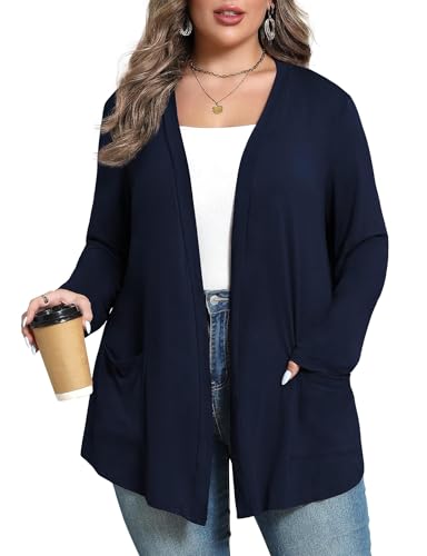 ZHUHOUSE Damen Lang Strickjacken Leichte Langarm mit Taschen Vorne Offen Oberbekleidung Weich Bequem Lässig Lose Strickjacke, Navy, XL von ZHUHOUSE