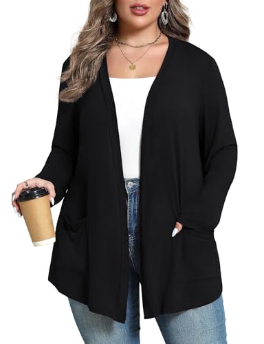 ZHUHOUSE Damen Lang Strickjacken Leichte Langarm mit Taschen Vorne Offen Oberbekleidung Weich Bequem Lässig Lose Strickjacke, Schwarz, XL von ZHUHOUSE