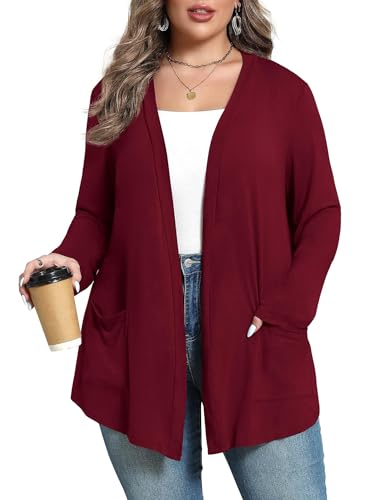 ZHUHOUSE Damen Lang Strickjacken Leichte Langarm mit Taschen Vorne Offen Oberbekleidung Weich Bequem Lässig Lose Strickjacke, Weinrot, XL von ZHUHOUSE