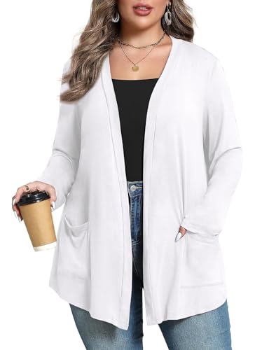 ZHUHOUSE Damen Lang Strickjacken Leichte Langarm mit Taschen Vorne Offen Oberbekleidung Weich Bequem Lässig Lose Strickjacke, Weiß, XL von ZHUHOUSE