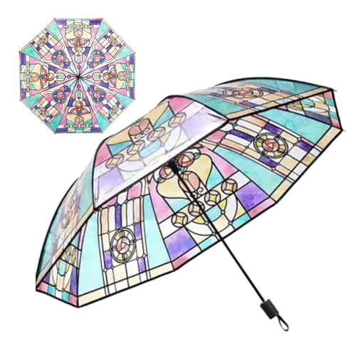 ZHUMCCY Buntglas Regenschirm, Transparenter Vintage Sonnenschirm Stained Glass Umbrella, Buntglas Automatikschirm Handbemalter Buntglas Regenschirm Für Kinder, Freunde Und Familie von ZHUMCCY