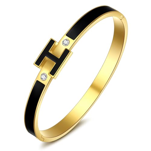 ZHUOMOT Armreif Gold Armband Gold, 925 Sterling Silber Vergoldetes Armbänder, 17CM Schwarz Rand Armreif, Armband Damen Goldschmuck Geschenk für Frauen Freundin Mama Weihnachten Geburtstag Jahrestag von ZHUOMOT