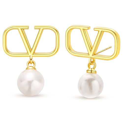 ZHUOMOT V Ohrringe Gold Perlenohrringe Silber 925 Vergoldete Perlen Ohrringe, Buchstabe V Geometrische Hypoallergene Damenohrringe, Schmuck Geschenke für Frauen Geschenke Für Mama von ZHUOMOT