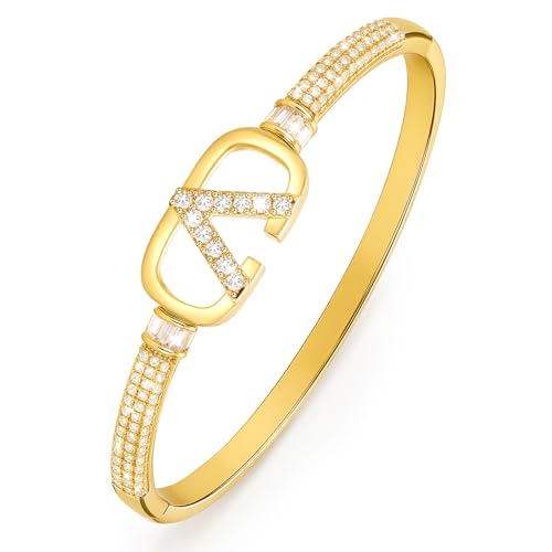 ZHUOMOT V Armband Damen Gold Dupe Armreif Gold, 17CM Silber 925 Vergoldete Armbänder Damen, Buchstabe V Geometrische Zirkonia Armreifen Hypoallergene, Schmuck Geschenke für Frauen Geschenke Für Mama von ZHUOMOT