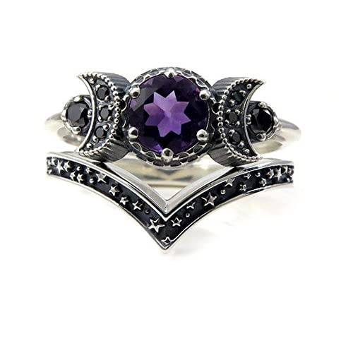 Hecate Triple Moon Ring Set, Amethyst oder Roter Kristall Engagement Hochzeit Schwarzer Ring für Frauen Mondgöttin Schmuck Boho Gothic Jubiläumsgeschenk (8, B) von ZHUOZZ