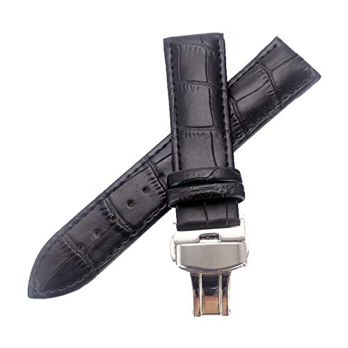 Uhrenarmbänder für Herren, Uhrenarmband, 12–24 mm, Herren-Uhrenarmband aus echtem Leder mit Alligatorprägung, Edelstahl, Schmetterlingsschnalle(Black-24mm) von ZHURDFT