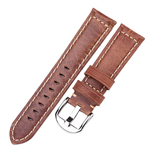 Uhrenarmbänder für Herren, Uhrenarmband, 22 mm/24 mm, echtes Leder, atmungsaktives Retro-Uhrenarmband for Damen und Herren, Glatte Dornschließe aus Edelstahl(Brown-24mm) von ZHURDFT