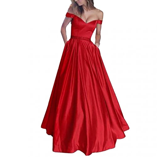 Damen Satin Abendkleid Schulterfrei Ärmellos Maxi Swing Kleid Hohe Taille A-Linie Elegant Party Formal Kleid, Rot, XXL von ZHUYOU