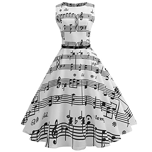 Damen Vintage Kleider 1950er Jahre Musiknote Ärmellos Hohe Taille Swing Kleid Slim A Linie Abendkleid Cocktailkleid, A White, L von ZHUYOU