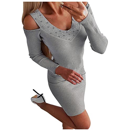 ZHUYOU Damen Bodycon Strickkleid Sexy Cold Shoulder V Ausschnitt Mini Pullover Kleid Herbst Winter Langarm Dehnbar Freizeitkleid, Grau, S von ZHUYOU