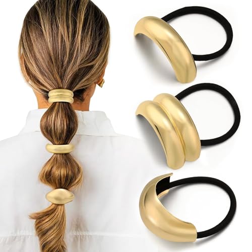 3 Stück Haargummi Damen Metall Haarband, Gold Elastisches Haarmanschetten, Women Hair Accessories, Pferdeschwanzhalter für Damen und Mädchen (3 Stile) von ZHXMALL
