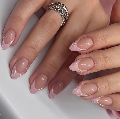 ZHYAKLD 24 Stück Künstliche Nägel in Mandelform, 3D French Pink, Press on Nails Kurz, Wiederverwendbar, für Frauen ZHYAKLD 24 Stück Künstliche Nägel in Mandelform, 3D French Pink, Press on Nails Kurz, Wiederverwendbar, für Frauen von ZHYAKLD