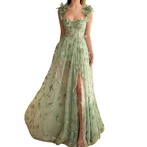 ZHengquan Damen 3D Spitze Schmetterlinge Spaghettiträger Abschlussball Kleider Sweetheart A Linie Hoher Schlitz Abend Party Kleid, salbeigrün, 34 von ZHengquan