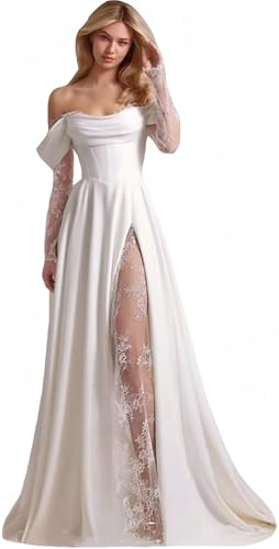 ZHengquan Damen Elegant Schulterfrei Satin Brautkleid für Braut A Linie Vintage Prinzessin Strand Bohe Brautkleider, A-weiß, 40 von ZHengquan