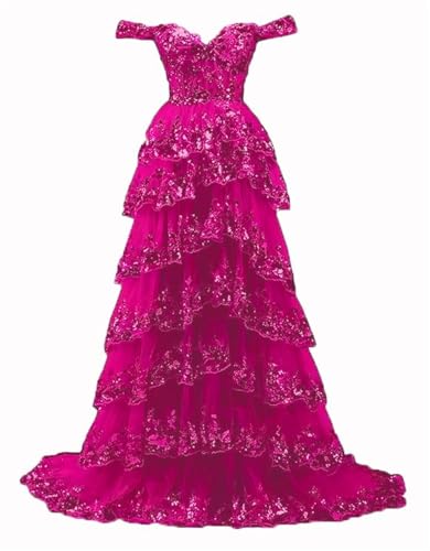 ZHengquan Damen Schulterfrei gestufte Tüll Ballkleider Sweetheart Spitze Applique Lange Ballkleider Sparkly Pailletten Abendkleid mit Schlitz, hot pink, 36 von ZHengquan