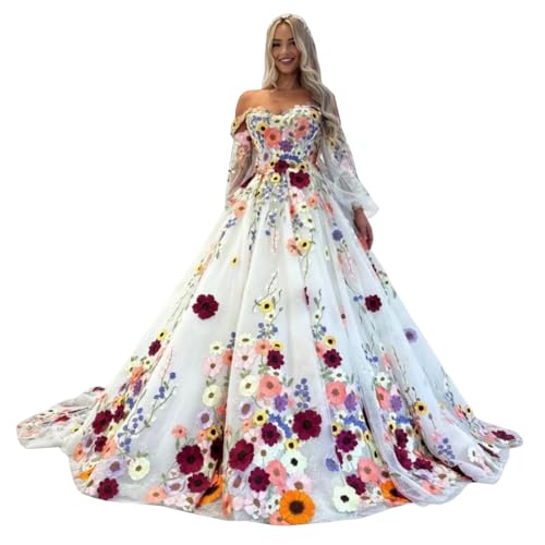 ZHengquan Damen Spitze Brautkleider für Braut 3D Blume Puffärmel Prinzessin Braut Hochzeitskleid, B-Elfenbein, 50 von ZHengquan