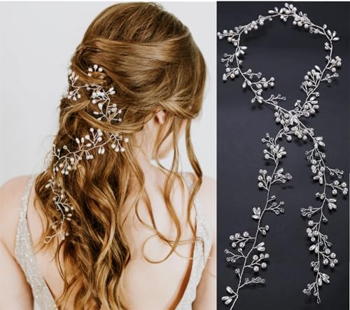 ZHjuju Haarschmuck Hochzeit,50cm Hochzeit Blume Haar Rebe Silber Perle Stirnband Braut Kopfschmuck Braut Haarschmuck Braut Haarranke für Frauen und Mädchen von ZHjuju