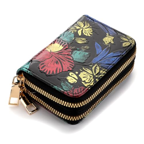 ZIAFRPN Doppelter Reißverschluss Kartenhalter Blumenmuster Reißverschluss um Geldbörse Damen Leder Kreditkartenhalter von ZIAFRPN