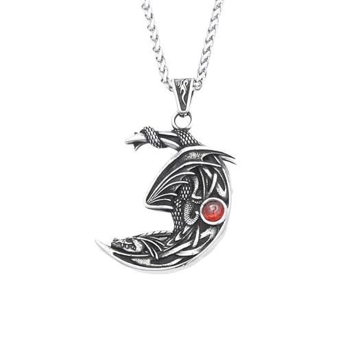 ZIAFRPN Vintage 316L Geflügelter Drache Intarsien Stein Mond Form Anhänger Halskette Für Männer Frauen Mode Schmuck Geschenk Glückwunsch Geschenke von ZIAFRPN
