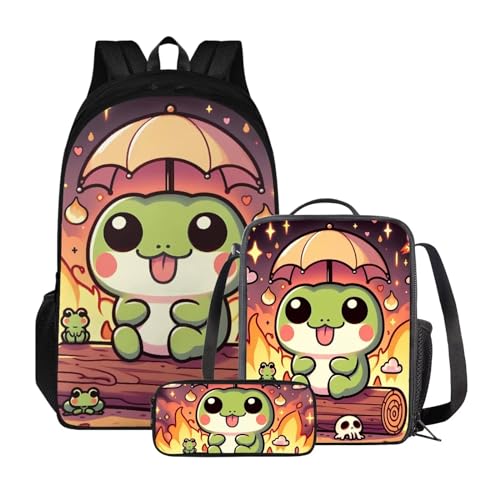 ZIATUBLES Backpck Set für Jungen Mädchen Schultasche mit Lunchtasche und Federmäppchen Rucksack College Büchertasche Outdoor Daypack, Cartoon-Froschfeuer, Einheitsgröße, Tagesrucksäcke von ZIATUBLES