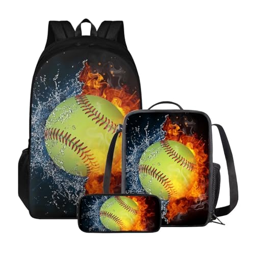 ZIATUBLES Backpck Set für Jungen Mädchen Schultasche mit Lunchtasche und Federmäppchen Rucksack College Büchertasche Outdoor Daypack, Splatter Water Fire Softball, Einheitsgröße, Tagesrucksäcke von ZIATUBLES