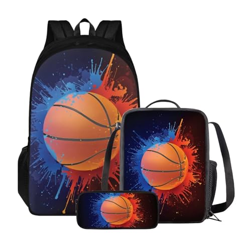 ZIATUBLES Backpck Set für Jungen Mädchen Schultasche mit Lunchtasche und Federmäppchen Rucksack College Büchertasche Outdoor Daypack, Spritzer Malerei Basketball, Einheitsgröße, Tagesrucksäcke von ZIATUBLES