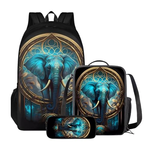 ZIATUBLES Backpck Set für Jungen Mädchen Schultasche mit Lunchtasche und Federmäppchen Rucksack College Büchertasche Outdoor Daypack, Vintage-Elefant, Einheitsgröße, Tagesrucksäcke von ZIATUBLES