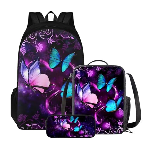 ZIATUBLES Backpck Set für Jungen Mädchen Schultasche mit Lunchtasche und Federmäppchen Rucksack College Büchertasche Outdoor Daypack, Vintage Floral Butterfly, Einheitsgröße, Tagesrucksäcke von ZIATUBLES