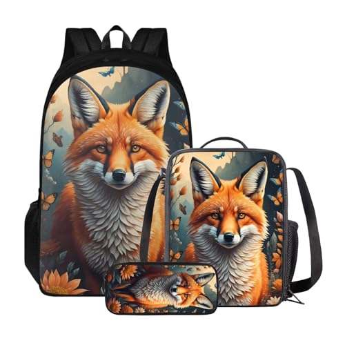 ZIATUBLES Backpck Set für Jungen Mädchen Schultasche mit Lunchtasche und Federmäppchen Rucksack College Büchertasche Outdoor Daypack, Vintage Fuchs Schmetterling, Einheitsgröße, Tagesrucksäcke von ZIATUBLES