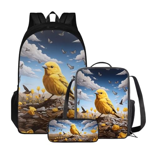 ZIATUBLES Backpck Set für Jungen Mädchen Schultasche mit Lunchtasche und Federmäppchen Rucksack College Büchertasche Outdoor Daypack, Vintage Kanarienvogel Schmetterling, Einheitsgröße, Tagesrucksäcke von ZIATUBLES