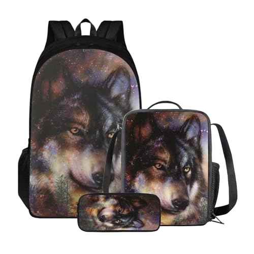 ZIATUBLES Backpck Set für Jungen Mädchen Schultasche mit Lunchtasche und Federmäppchen Rucksack College Büchertasche Outdoor Daypack, Vintage Wolf 2, Einheitsgröße, Tagesrucksäcke von ZIATUBLES