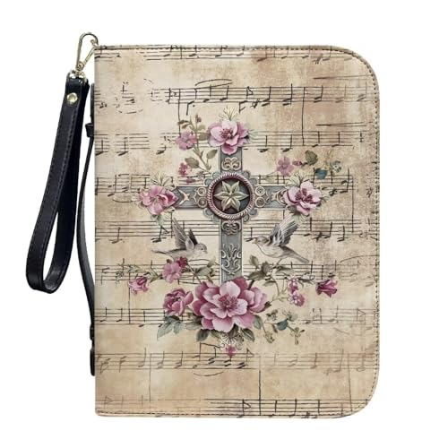 ZIATUBLES Bibelhülle aus PU-Leder, für Gebet, christliche Tasche mit Gurt und Reißverschlusstaschen, Buch-Organizer, L-2XL, Musiknote im Retro-Stil mit floralem Kreuz, XXL von ZIATUBLES