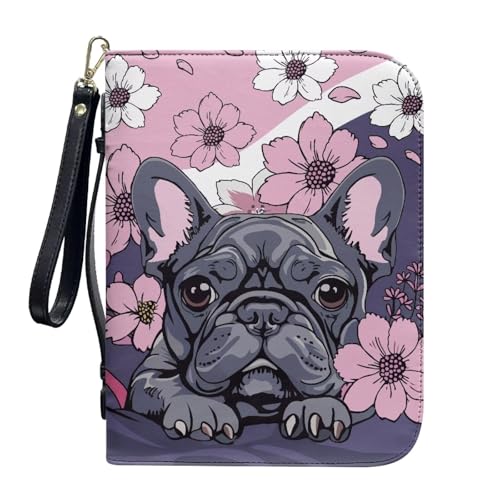 ZIATUBLES Bibelhülle aus PU-Leder mit Riemen, Kirche, Bibeltasche, Buch-Organizer, Halter für Gebet, L-2XL, Französische Bulldogge mit Retro-Blumenmuster, XL von ZIATUBLES