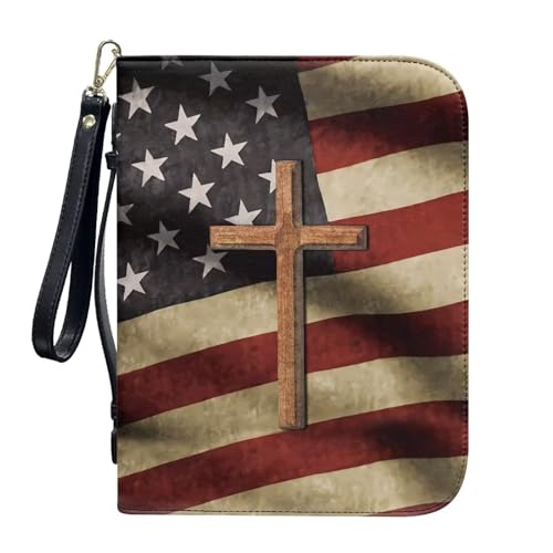 ZIATUBLES Bibelhülle aus PU-Leder mit Riemen, Kirche, Bibeltasche, Buch-Organizer, Halter für Gebet, L-2XL, Grunge Amerikanische Flagge Kreuz, L von ZIATUBLES