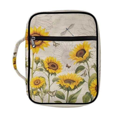 ZIATUBLES Bibelhülle aus Polyester mit Griff für Damen und Herren, große Kapazität, Bibelträgertasche, Buchhalter für Outdoor, Kirche, Studium, Beten, Retro-Sonnenblumen-Libellenmuster von ZIATUBLES