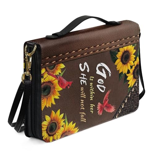ZIATUBLES Bibelhülle mit Sonnenblumen-Motiv und Kardinalvogel, PU-Leder, Bibeltasche, Kirche, Bibeltasche mit Schultergurt, leicht, christliche Tasche, Buch-Organizer, Halter für Damen und Herren von ZIATUBLES