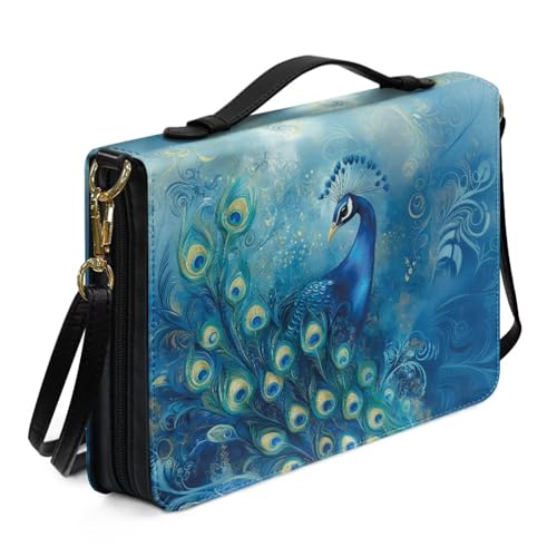 ZIATUBLES Bibelhülle mit blauem Pfauen-Druck, PU-Leder, Bibeltasche, Kirche, Bibeltasche mit Schultergurt, leicht, christliche Tasche, Buch-Organizer, Schriftschutz, Größe XXL von ZIATUBLES