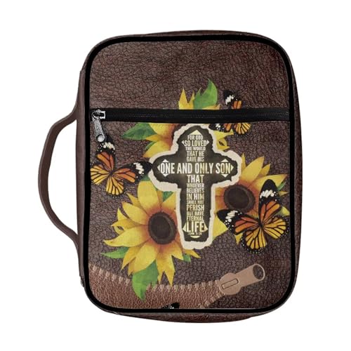 ZIATUBLES Bibelhüllen mit Ledertextur, Sonnenblumen-, Schmetterlings-Druck, für Damen und Herren, große Bibeltasche mit Griff, Buchhalter, Bibelträger für Outdoor, Studium, Gebet von ZIATUBLES