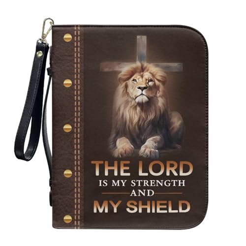 ZIATUBLES Bibelhüllen mit Reißverschlusstaschen, PU-Leder, Bibeltasche, Kirche, Bibeltasche mit Gurt, christliche Tasche zum Gebet, L-2XL, Braunes Löwenkreuz im Retro-Stil, XXL von ZIATUBLES