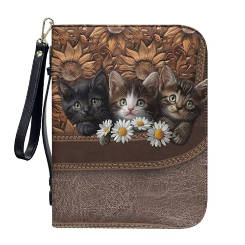 ZIATUBLES Bibelhüllen mit Reißverschlusstaschen, PU-Leder, Bibeltasche, Kirche, Bibeltasche mit Gurt, christliche Tasche zum Gebet, L-2XL, Gänseblümchen Sonnenblume Kurzhaar Katze, L von ZIATUBLES